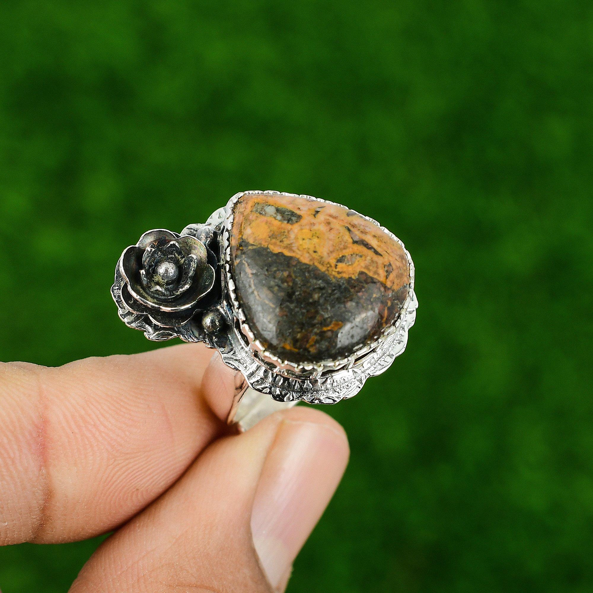 

Кольцо-заявление из стерлингового серебра 925 пробы с камнем боксит, ручной работы, в виде цветка, на годовщину Adjustable