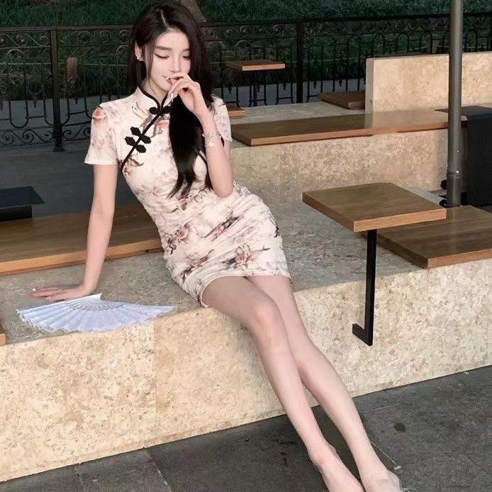 Retro Chinese-Style Printed Qipao Dress: Summer Sexy Waist-Cinching Short Skirt