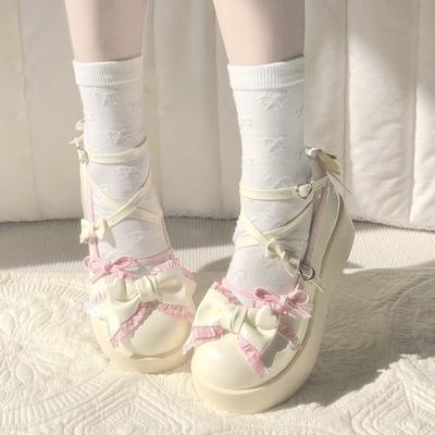 Adorabili Scarpe Basse Lolita da Ragazza, Scarpe con Zeppa, Mary Jane Dolci con Fiocchi e Allacciatura Incrociata da Studente
