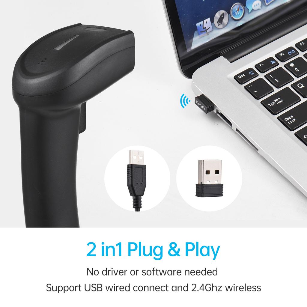 2D Wireless 2.4G Barcode Scanner Handheld USB Wired 1D Bar Code Reader Manual Trigger 640*480 CMOS Scanning Support