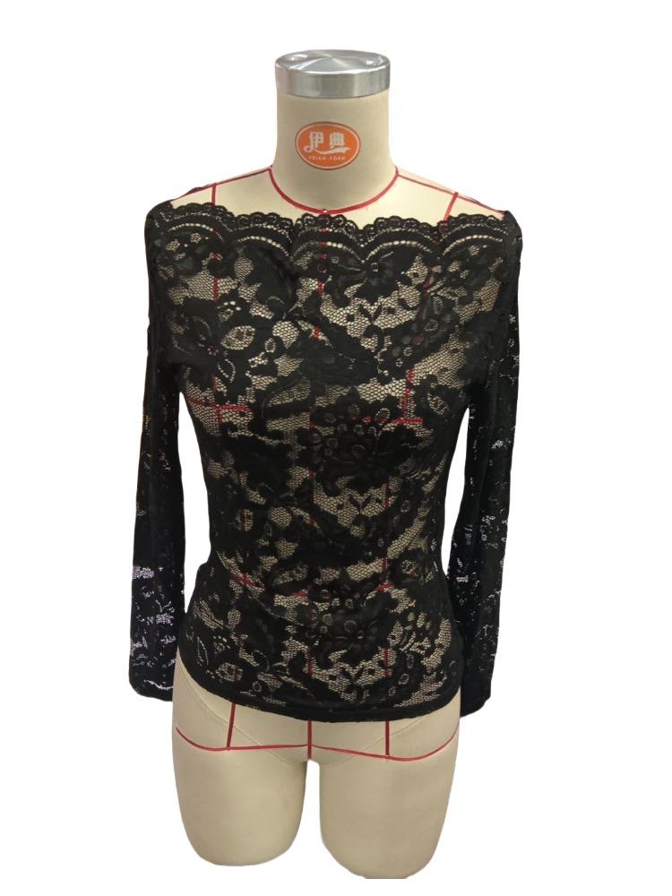 Scallop Neck Edge One-Line Collar Strapless Single-Layered Lace Slim T-Shirt Long Sleeve Tops Versatile Closet Essential Fashion Items Shirt