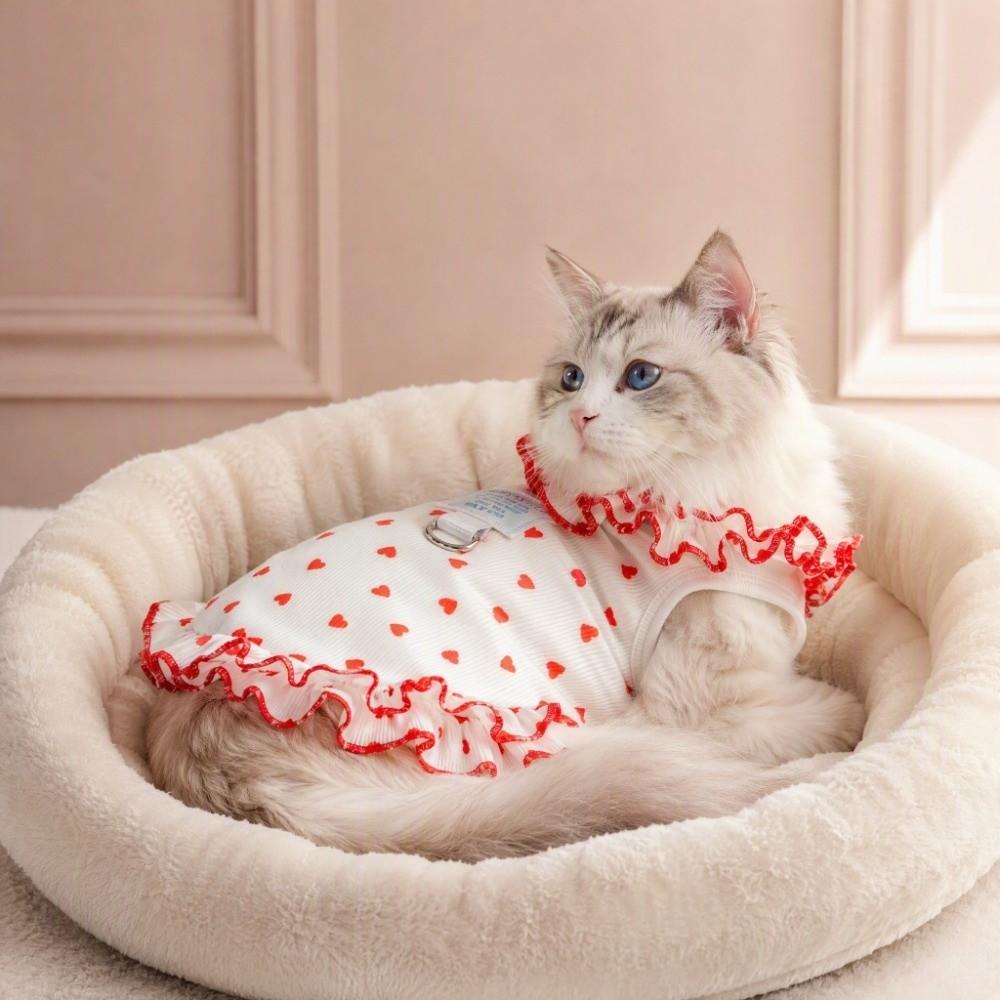 Ruffle Cat Puppy Vest Red Love Heart Dots Breathable Dog Cat Clothes Cat Costume Soft Kittens Clothing Recovery Suits
