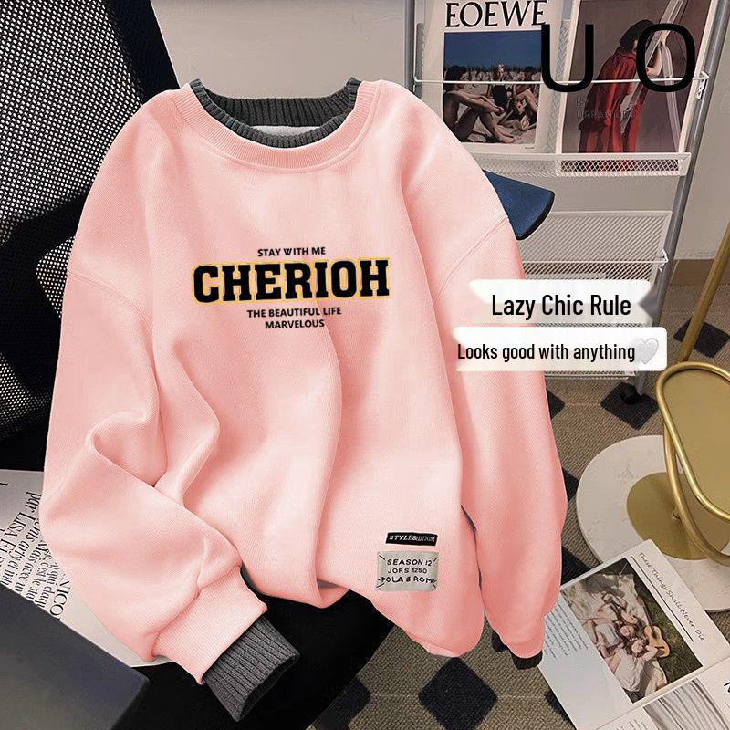 

Свитшот оверсайз с круглым вырезом в корейском стиле: Женский костюм-двойка, на флисовой подкладке, с длинным рукавом, модный для весны и осени. M