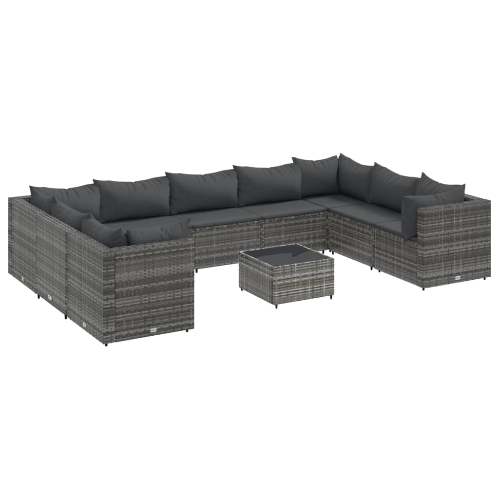 10 Piece Garden Lounge Set with Cushions Grey Poly Rattan
