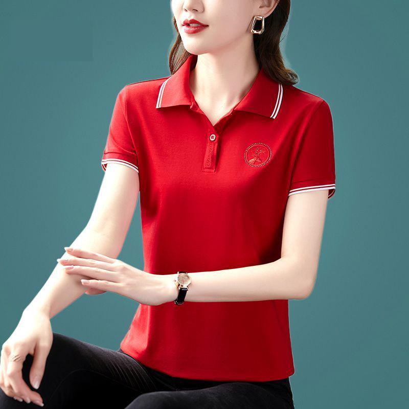 Lapel Short-sleeved T-shirt for Women In Summer New Mother Polo Shirt Large Size Sports Loose Top