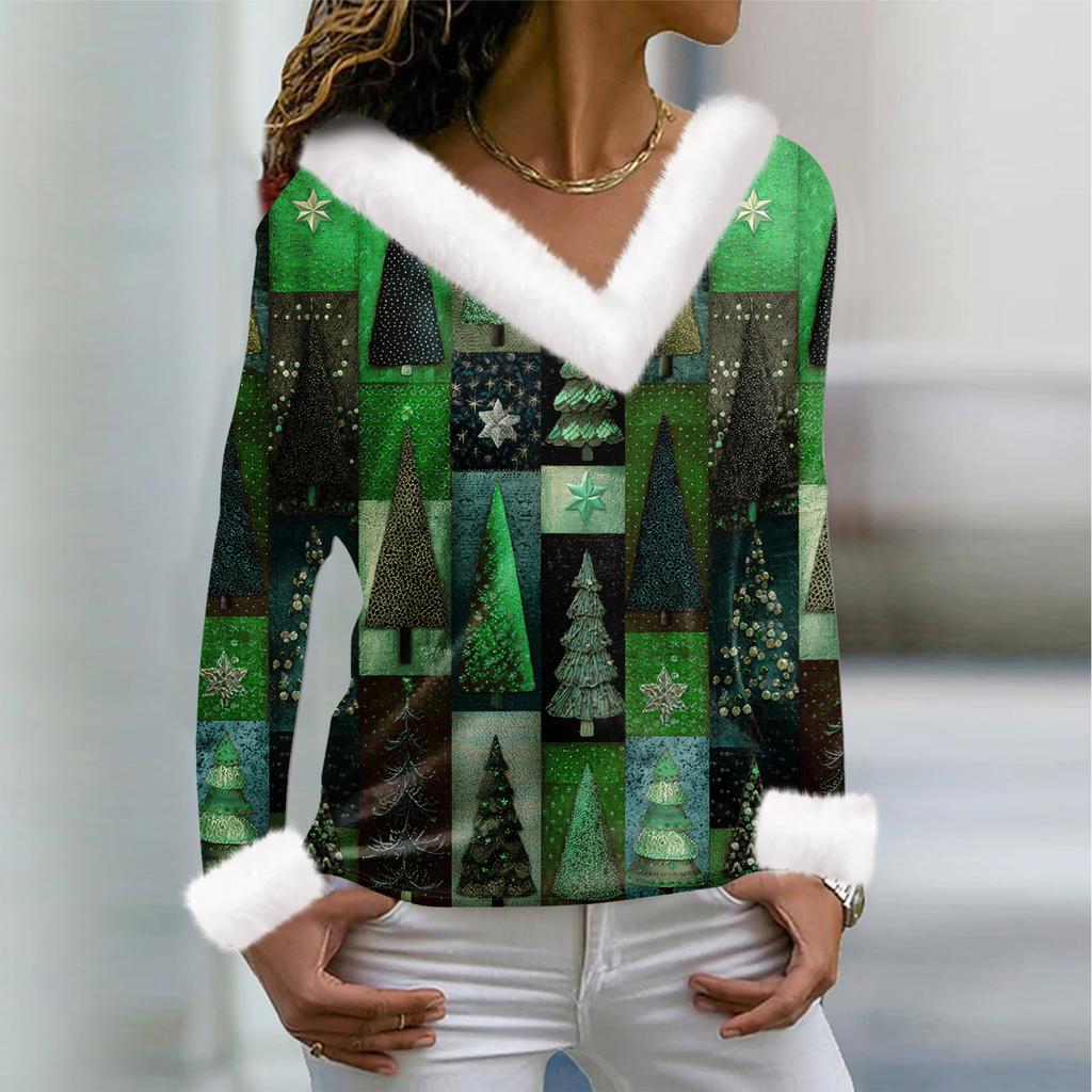 Camiseta de mujer, camiseta navideña, camiseta de manga larga, fiesta, estampado navideño, cuello polar, cuello en V