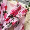 Women Sweet V Neck Lantern Sleeve Vintage Print French Style Slim Fit Chiffon Dresses Dresh Pleated Big Swing Robe Dress