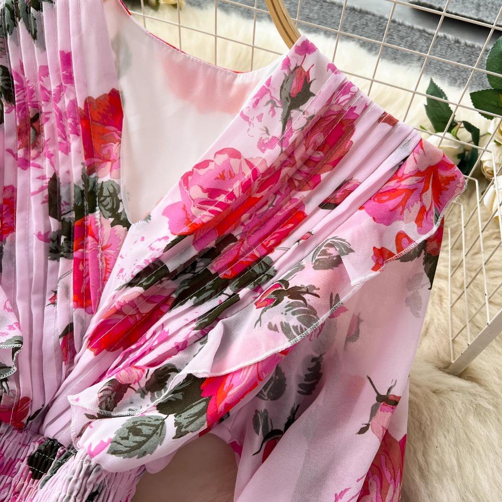 Kobiety słodkie dekolt w serek latarnia rękaw vintage print francuski styl slim fit szyfonowe sukienki dresowe plisowane duży rozkloszowany szlafrok sukienka