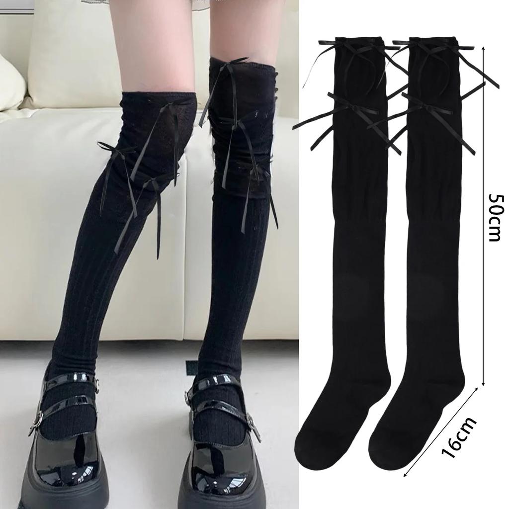 Lolita Long Socks Women Bandage Ribbon Bow Sweet Girls Kawaii Cute Over Knee Socks Ballet Style Solid Color Black White Socks