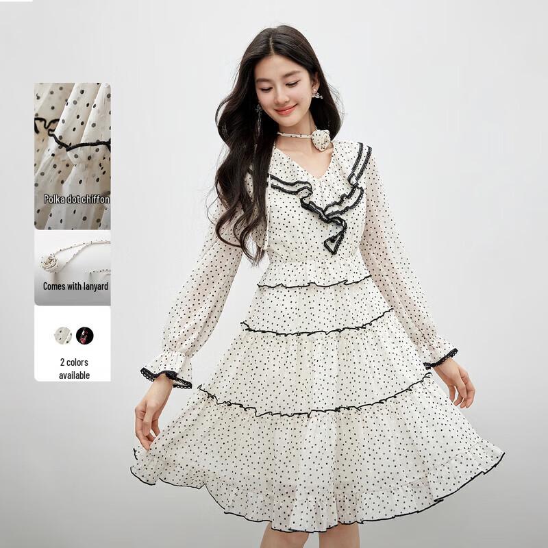 Elegant Ruffled Polka Dot Lace Trim Dress XL