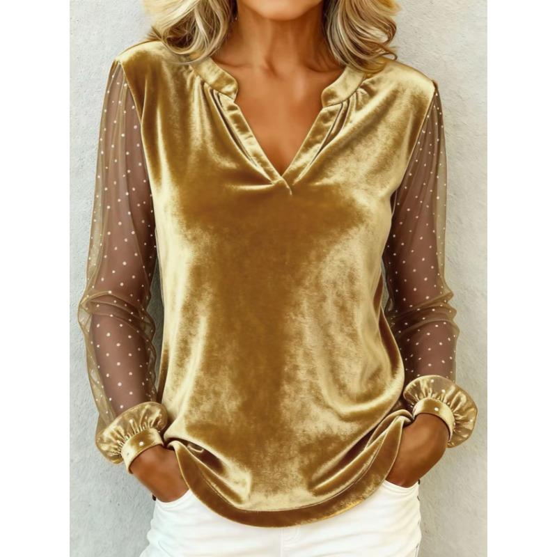 Elegant V-neck Mesh Lace Splicing Blouse Women Long Sleeved Velvet Dot Printed Loose Shirts Spring Autumn Office Tops Casual Simple T-shirts Clothing