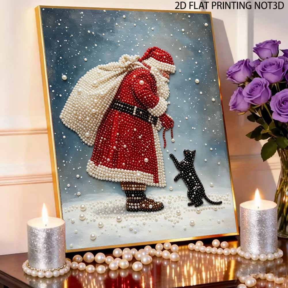 Santa Claus and Black Cat Pearl Bead Painting Kit with Frame Shiny Canvas Art Creative Craft Home Decoration Gift Holiday Wall Decor 144
