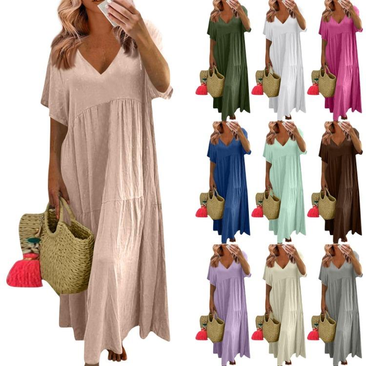 Women's Summer Fashion Large Size V-neck Solid Color Short-sleeved Loose Long Swing Dress