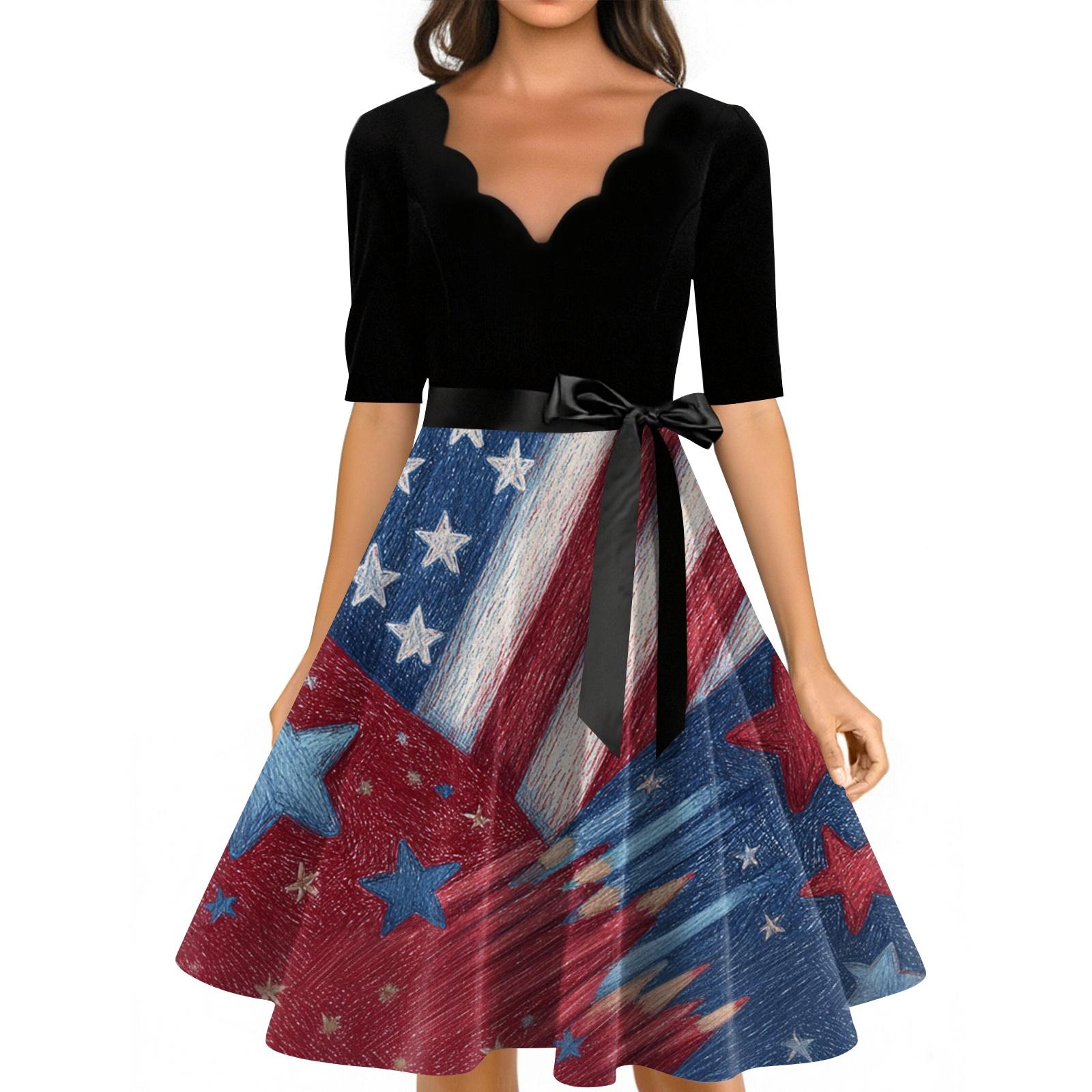 

Women s Casual Fashion V-neck Retro Short-sleeved Dress With Flag Independence Day Print XXL красный