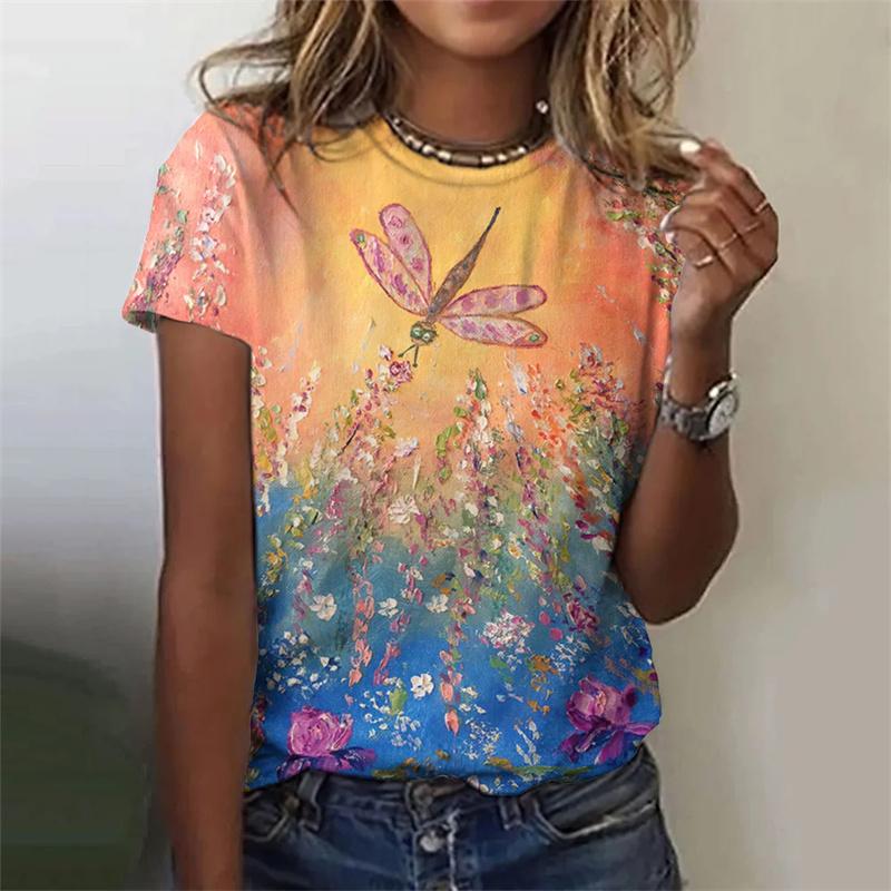 3D New Flower Dragonfly Printed Women's T-shirt Women's Summer Street Beautiful T-shirt Short Sleeve