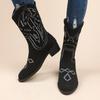 Wind knitted elastic warm medium boots women's large size thick heel fly knitting embroidered retro socks boots