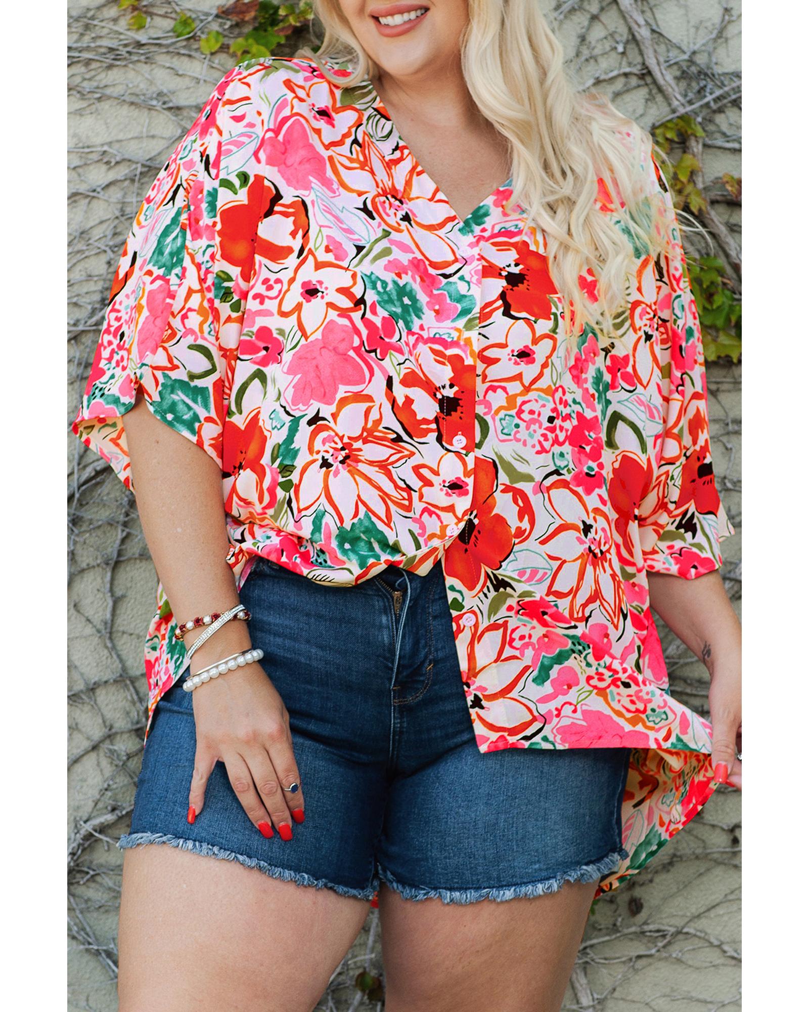 

Azura Exchange Floral Print Kimono Sleeve Shirt 1X Яскраво-рожевий