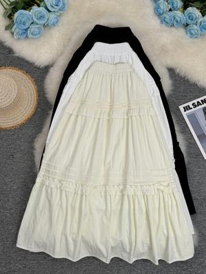 Japanese-Korean Patchwork Lace Midi Skirt - A-line, High-End, Versatile for Commute