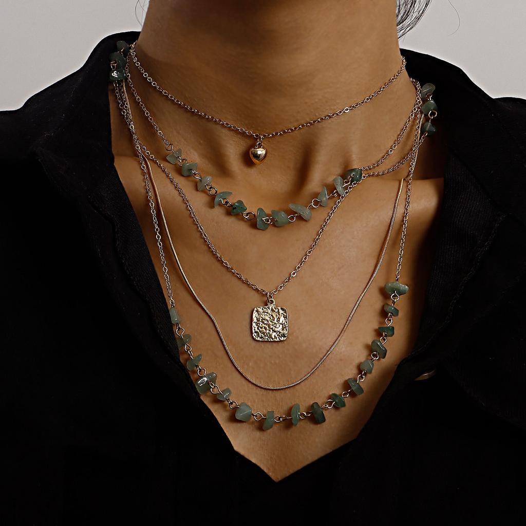 Retro Stacked Multi-layer Small Hole Chain Turquoise Square Mini Love Pendant Necklace Women