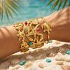 Edelstahl Ozean Serie Breite Armreifen für Damen Goldfarbe Metall Muschel Seestern Welle Offener Manschettenarmreif Strandparty Zirkon