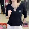 New Casual Women's Black Swan Ironing Diamond V-neck Long-sleeved T-shirt Fashionable Age-reducing Belly-covering Top