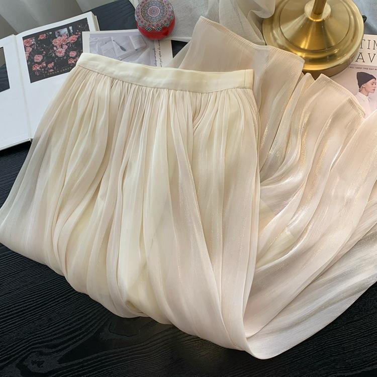 DX~~ High-End Europäischer Streamer Gaze Rock Damen, Frühling Milch Perlmutt Rock Temperament Weide Gekräuselter Sommer Netzrock