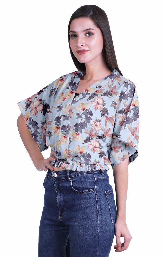 Moomaya Printed Boxy Sleeve Tops For Women V-Neck Elastic WaistA  Kimono Top