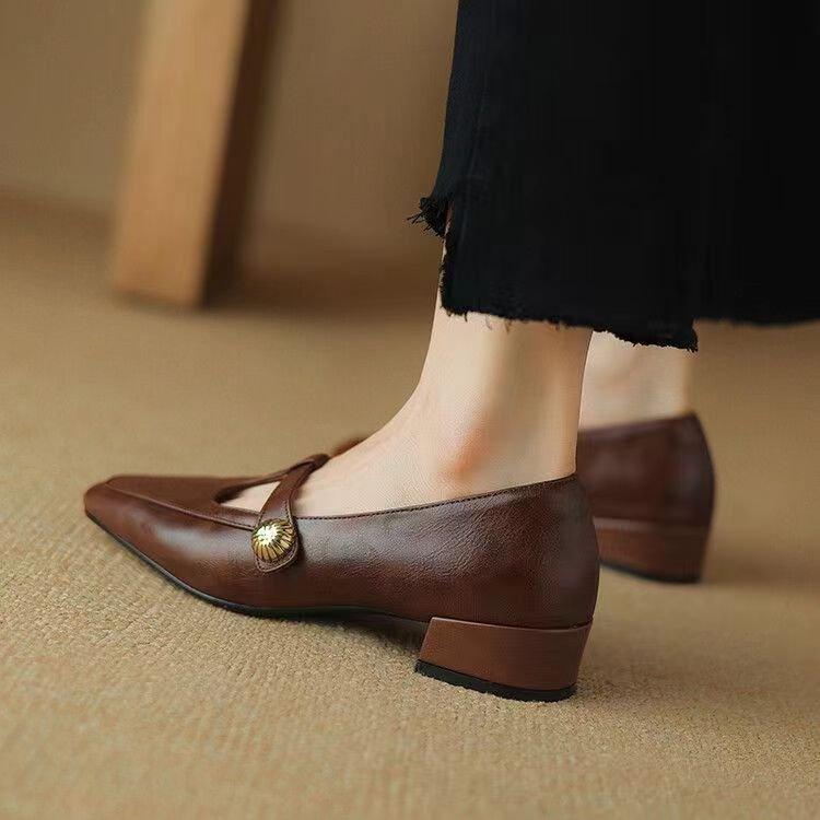 French retro Mary Jane women's shoes spring and autumn 2024 new brown T-word with thick heel single shoes medium heel small leather shoes