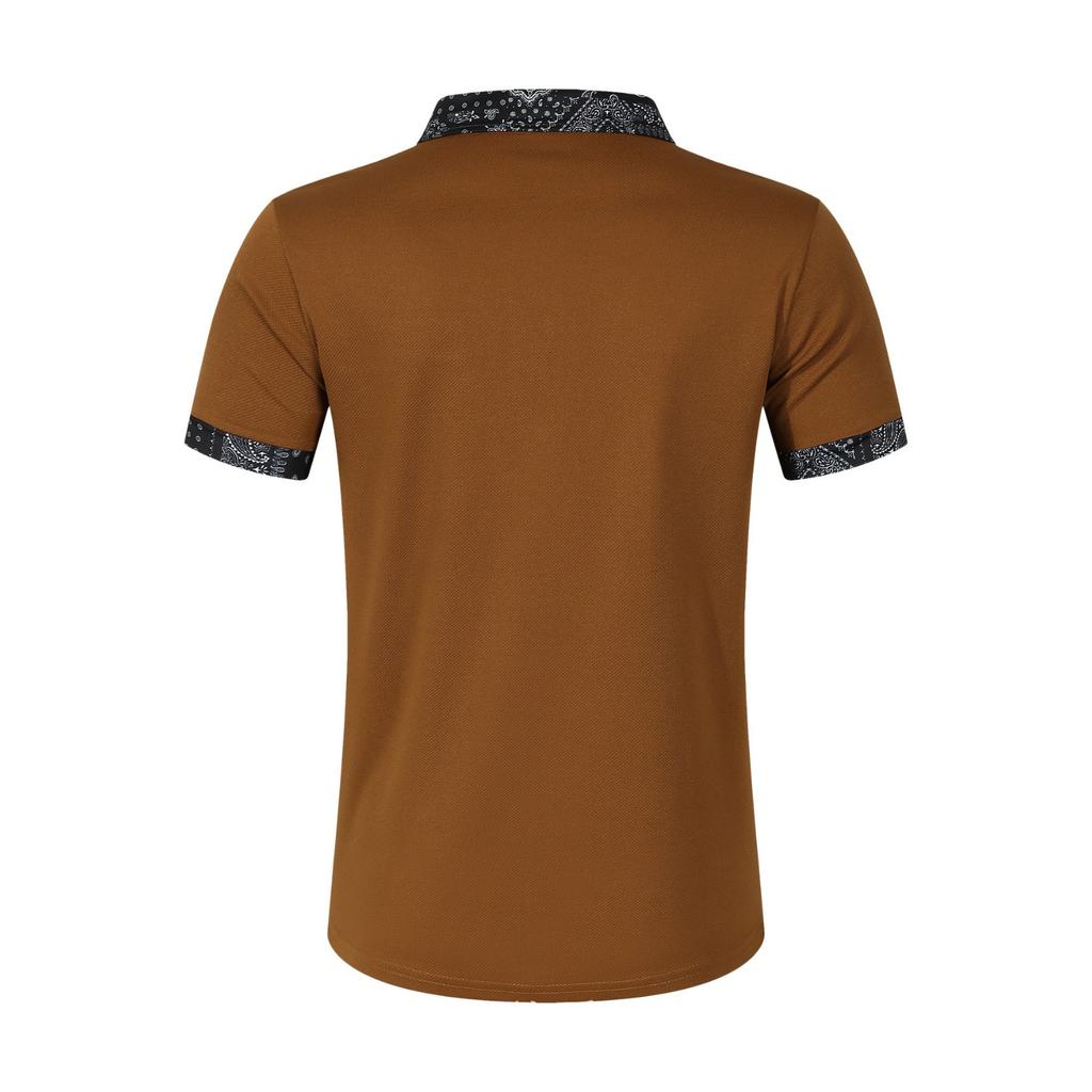 Men's Fashion Collar Print  Loose Polo Shirts Short Sleeve Turn-down  Solid Color Simple T-shirt Top