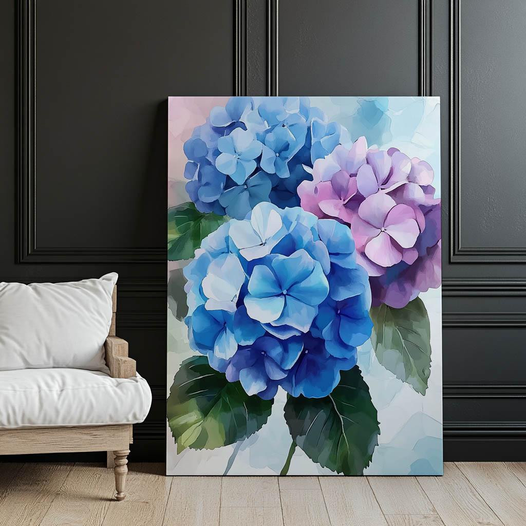 Hortensienblüten in Pastellfarben Hortensienblüten in Pastellfarben, 70X100 cm, Holzrahmen Dunkelbraun, Mattes Papier 230 g/m²