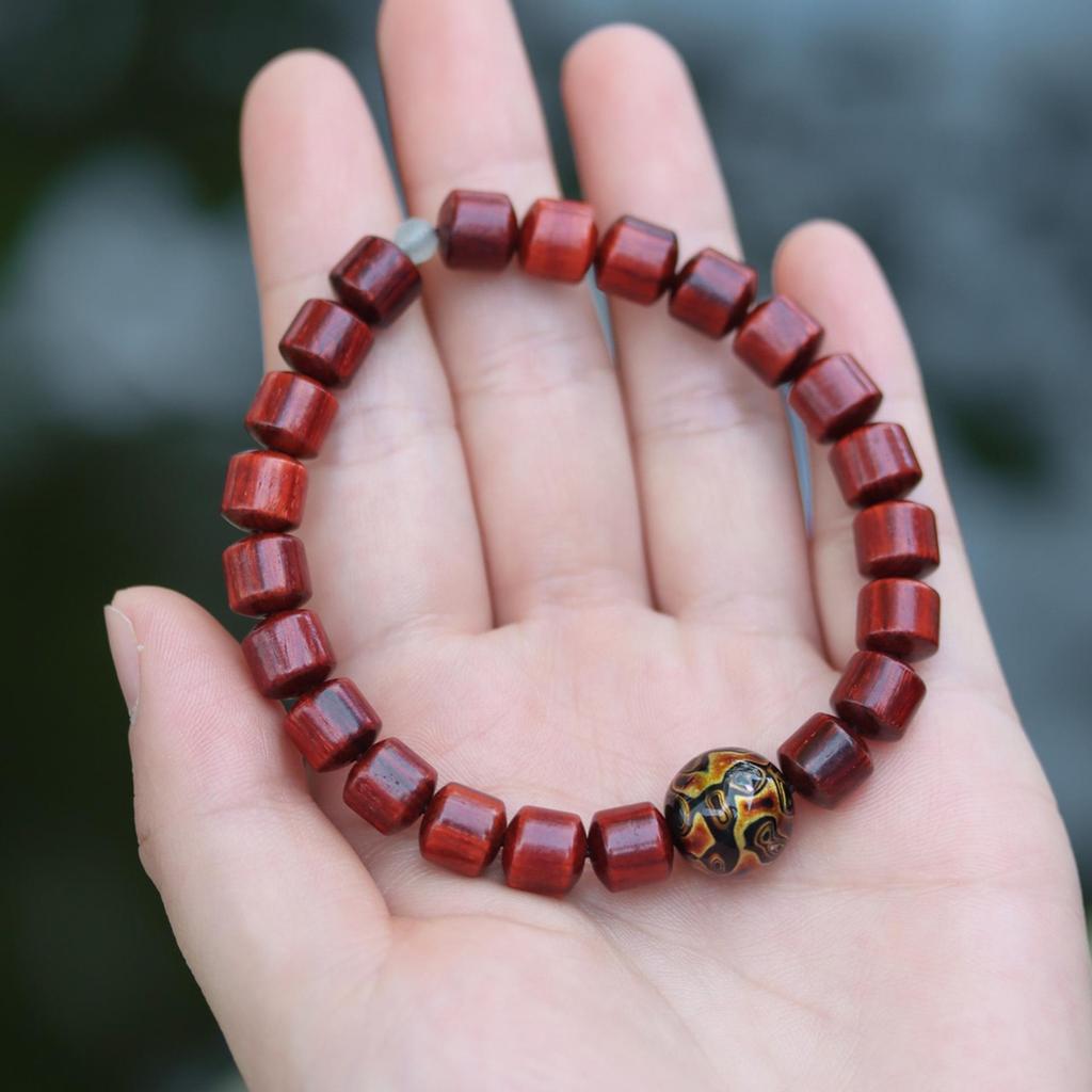 Women's Small-Leaf Rosewood Bracelet with Mother-of-Pearl Bead, Wenwan Buddhist Calming Ornament, Unisex.