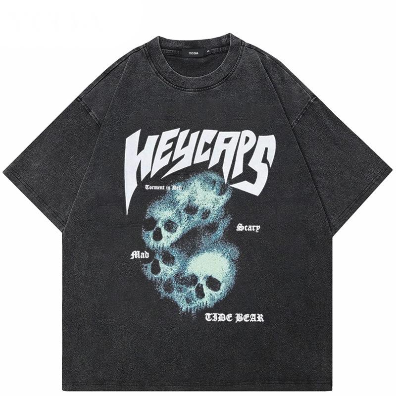 

Модный американский уличный стиль Y2K с рисунком черепа в стиле оверсайз, черный летний ретро-корейский модный топ с короткими рукавами S чёрный