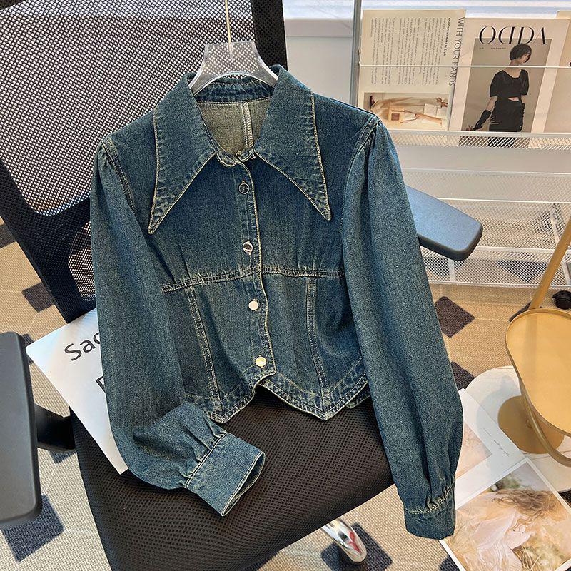 Women's Washed Retro Denim Jacket - Spring & Autumn Irregular Lapel, Long Sleeve, Short Hong Kong Style Shirt