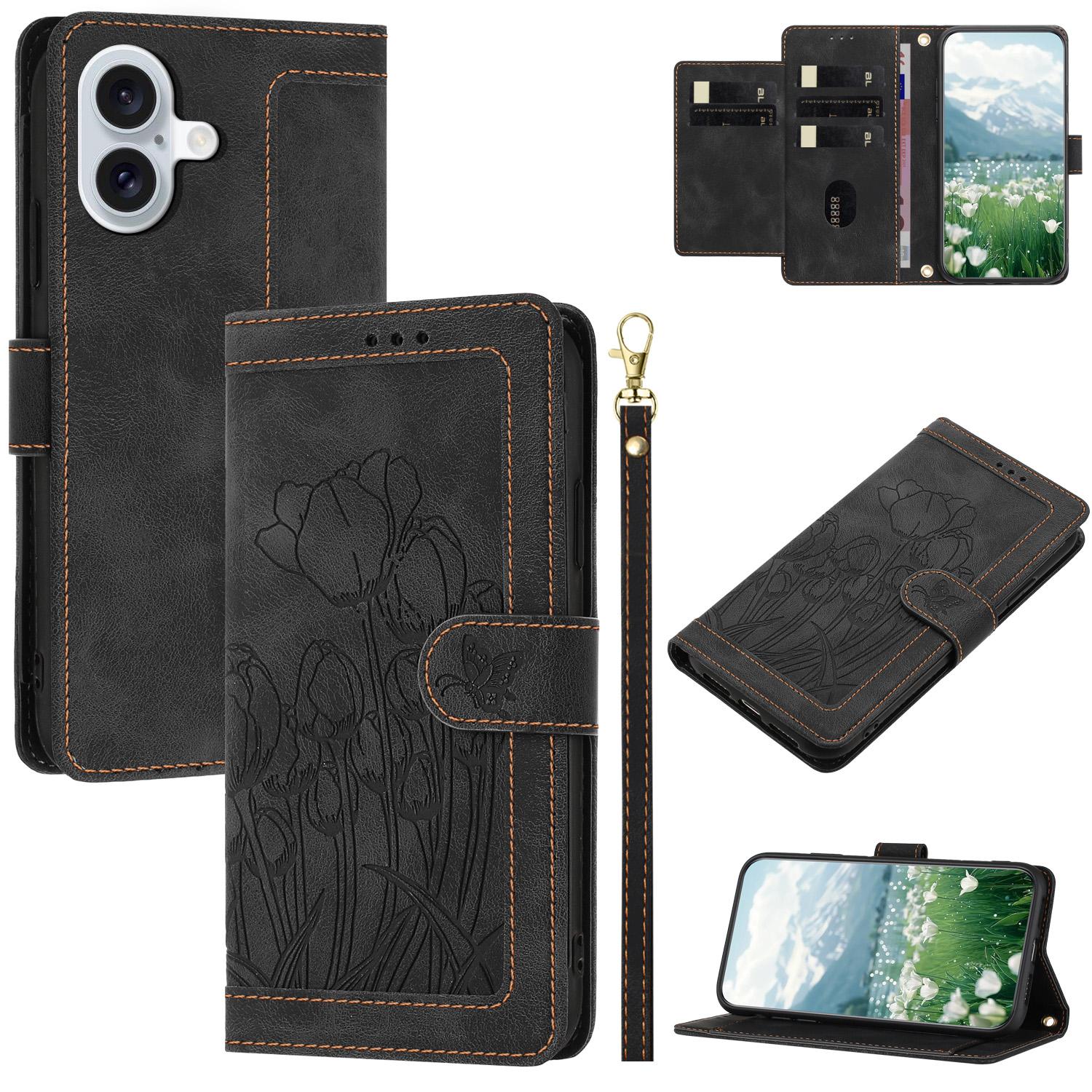 

For iPhone 16 Plus Case Tulip Leather Phone Cover with 5 Card Slots Wallet A