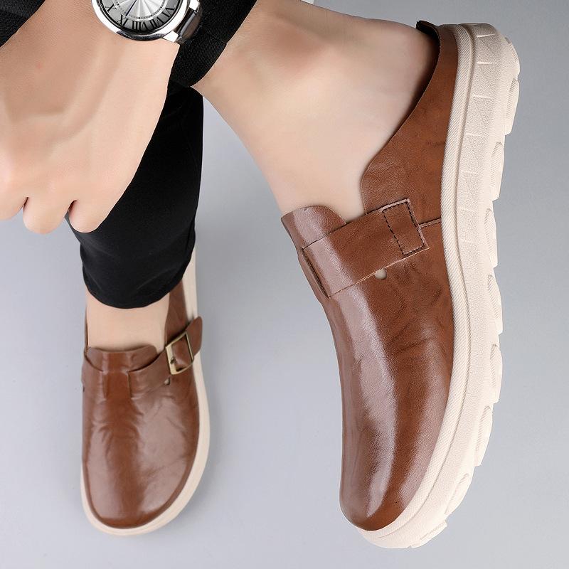 Men's Shoes 2025 New Summer Men's Leather Waterproof Outer Wear Bag Head Slippers Birken Thick-soled One-pedal Lazy Shoes