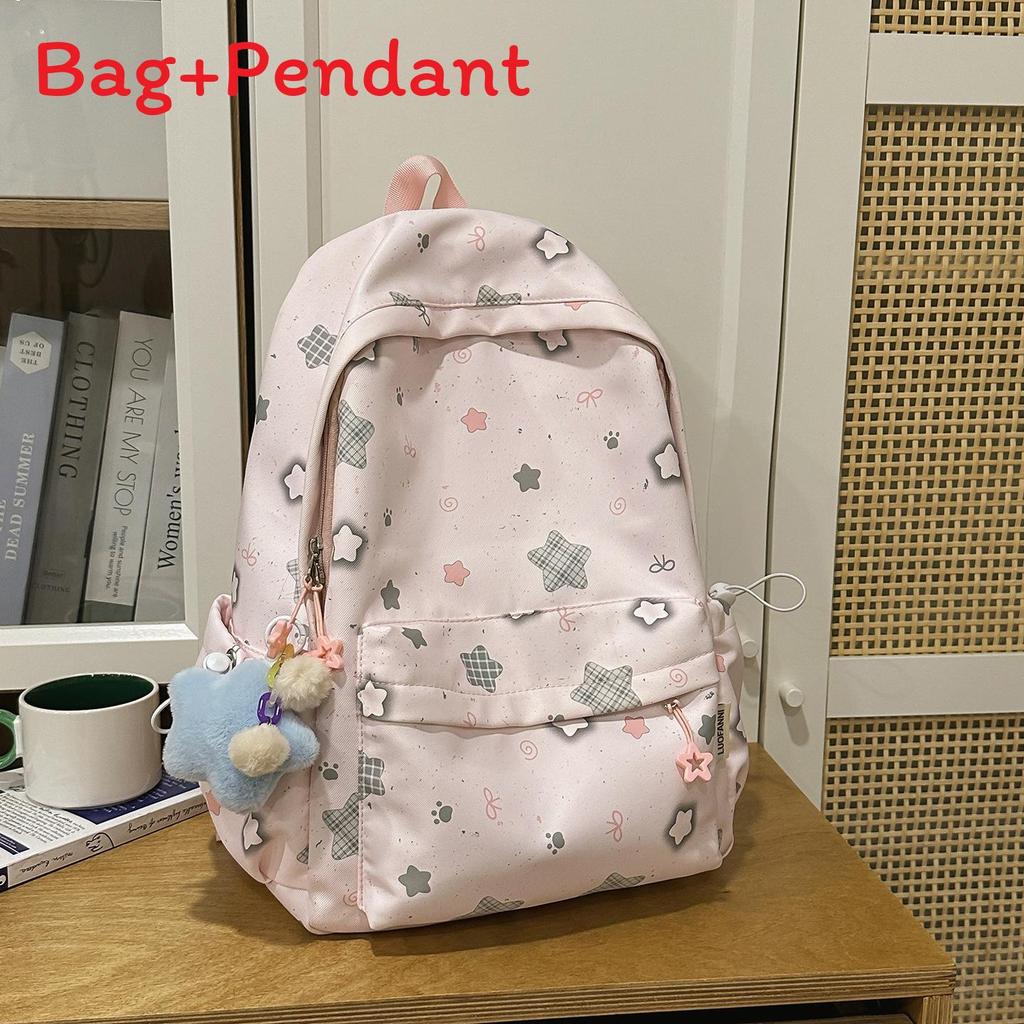 Style Girl Backpack With Star Print Nylon Lightweight Casual For Teenagers