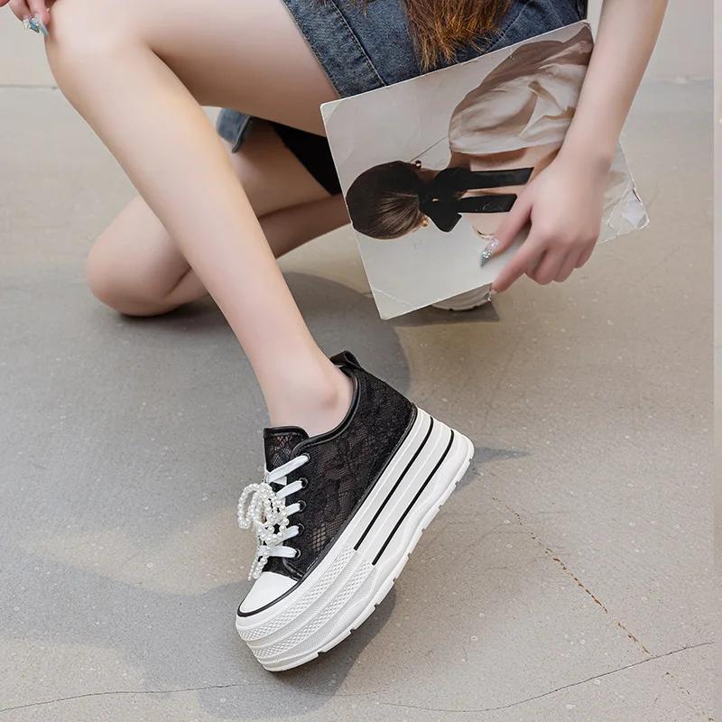 8CM Air Mesh Lace Micrifiber Leather Breathable Platform Wedge Women Vulcanize Hollow Summer String Bead Chunky Sneakers Shoes