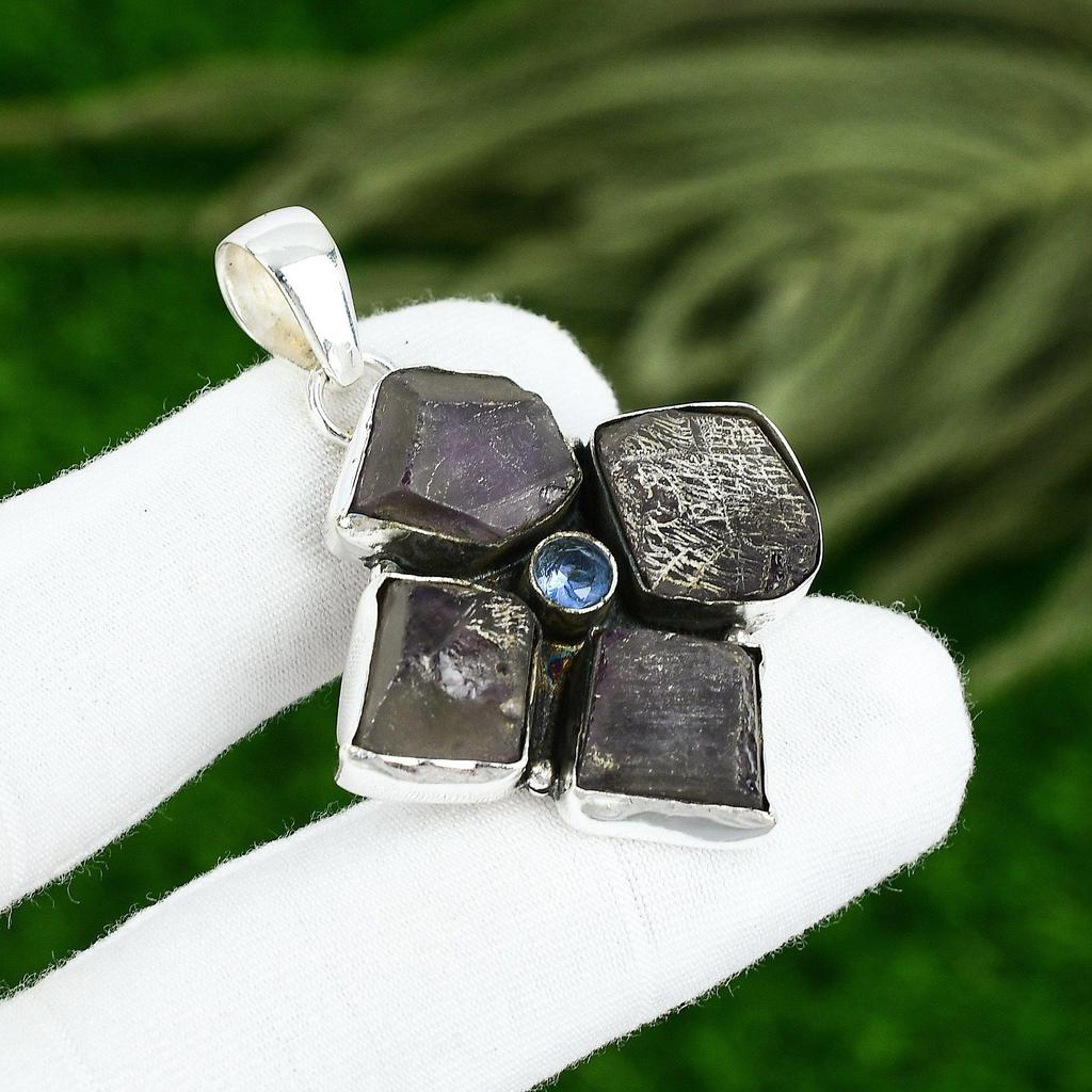 Easter Deal Amethyst Rough Gemstone Blue Topaz Sterling Silver Pendant Jewelry