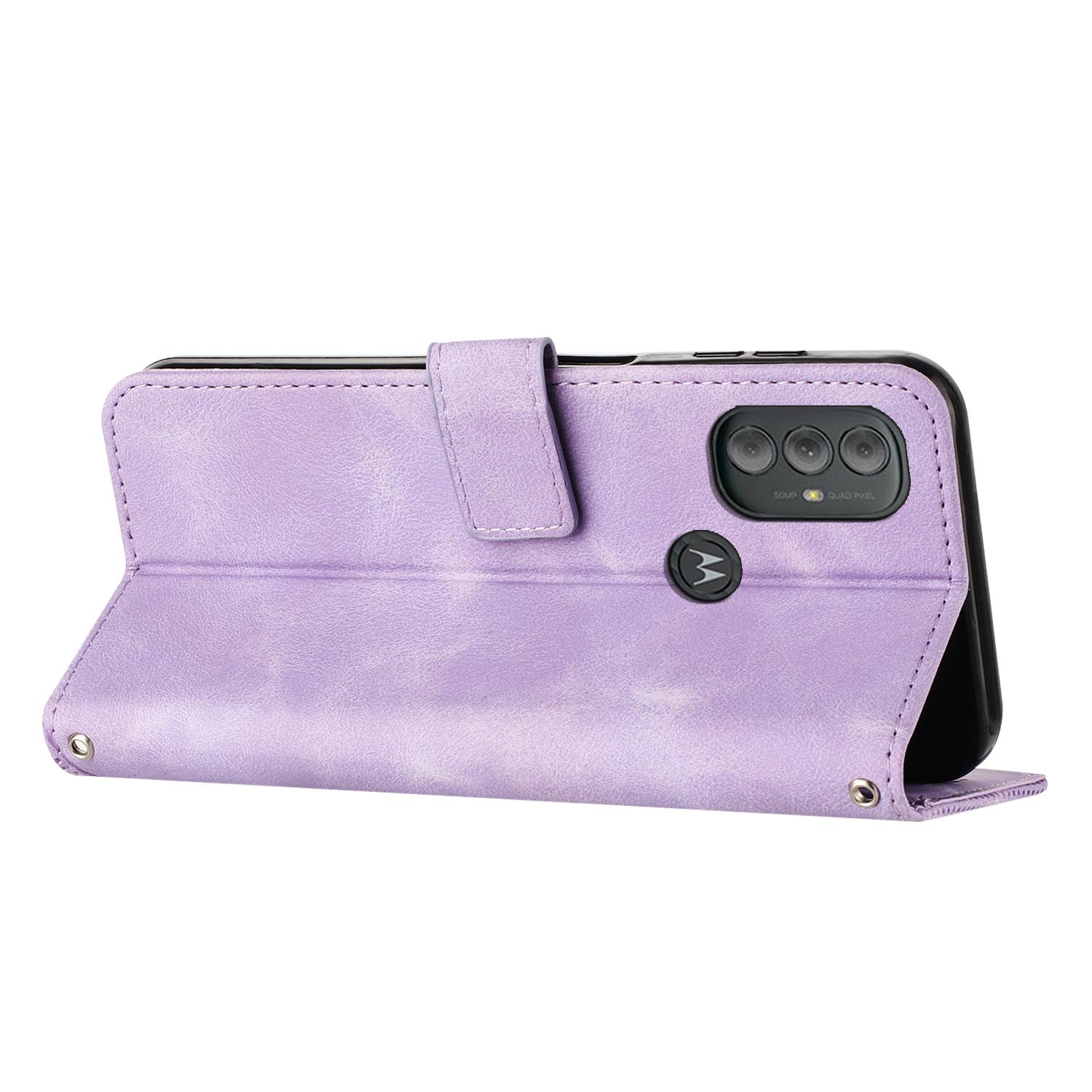 

For Motorola Moto G Power (2022)/Moto G Play (2023) 4G Wallet Case Triangle Imprinted Leather Cell Phone Cover with Strap Purple