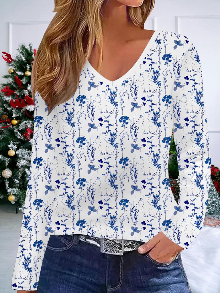 3D Flower Printed Fashion Casual Women's V-Neck Long Sleeve T-Shirt - New Year Party Clothing Holiday Gift