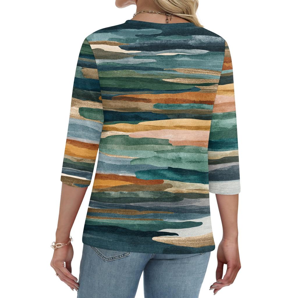 Women's T Shirt Print Button 3/4 Sleeve Daily Weekend Fashion Basic V- Neck Regular Top
