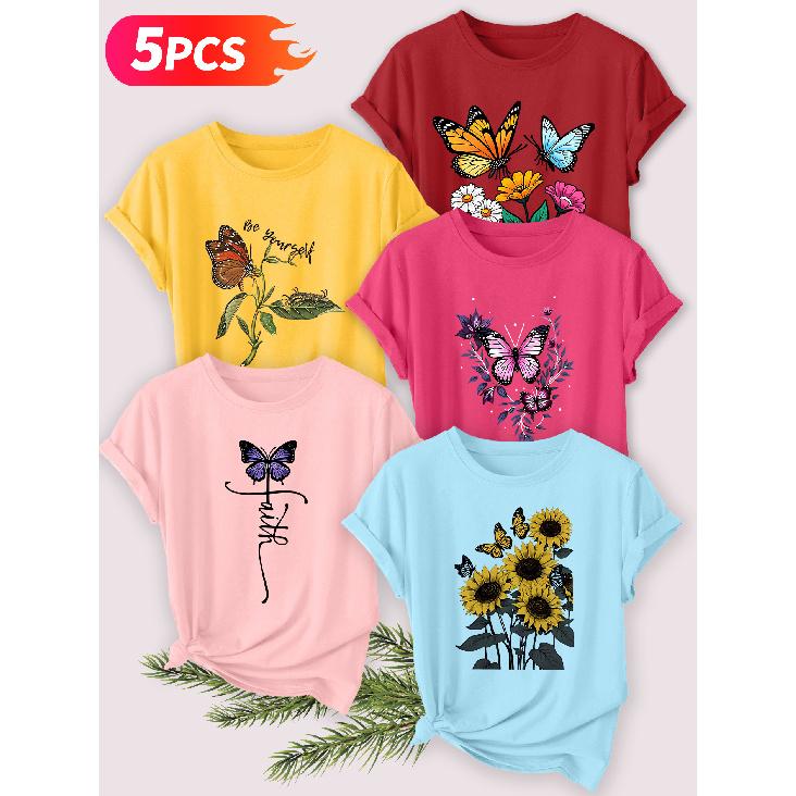 Five-piece Set Elegant Short-sleeved Shirt for Women Butterfly Sunflower Series Printed Round Neck Women's Short Sleeve Suitable for Spring and