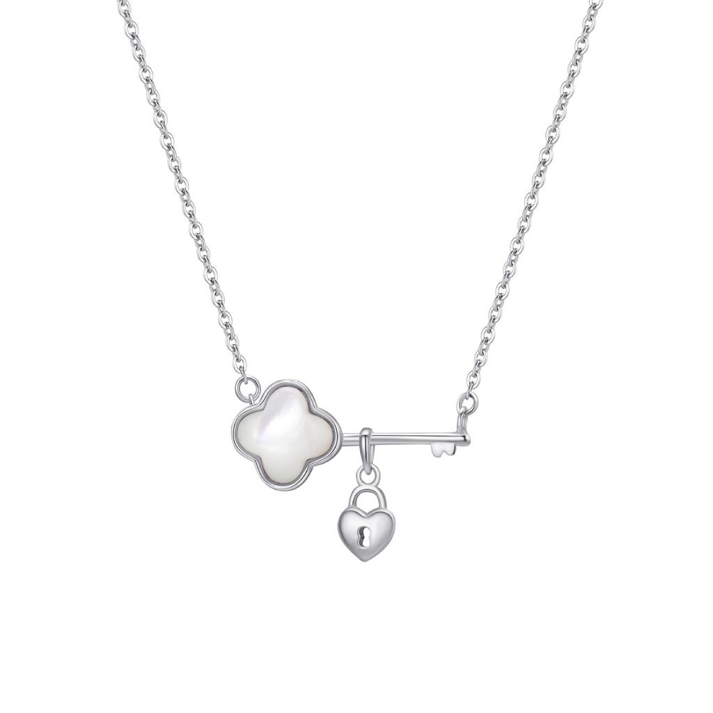 925 Sterling Silver Four-Leaf Clover Key Lock Necklace, Personalized Design, Brightens Skin Tone, Slimming Clavicle Chain, Fashionable for Women