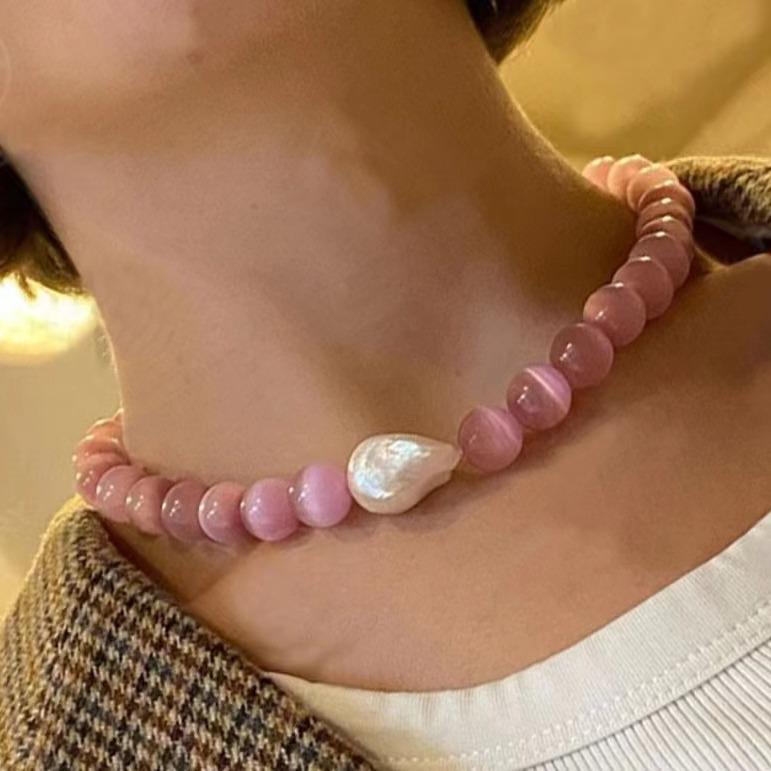 

Baroque Pearl & Cat s Eye Stone Clavicle Chain Necklace