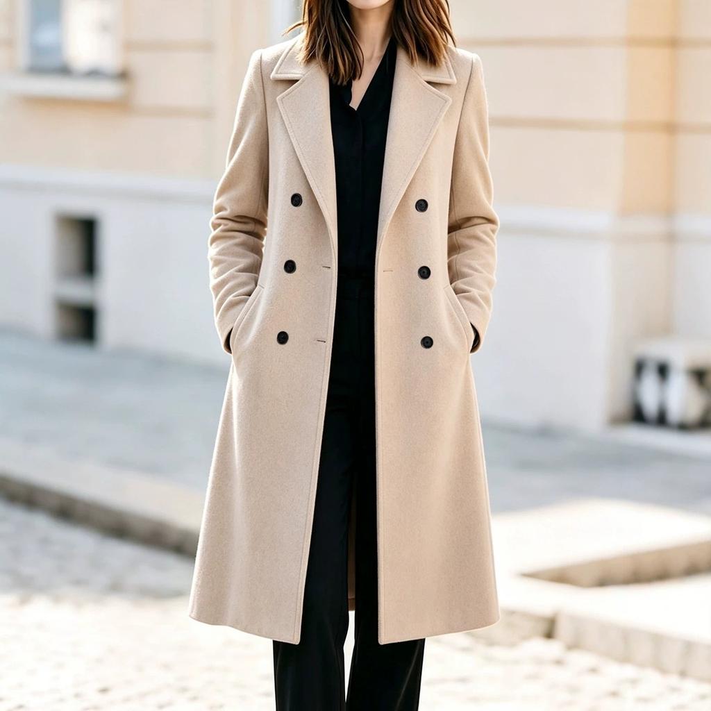 Amazon European and American women's clothing autumn and winter fashionable and simple double-breasted long-sleeved solid-color woolen jacket