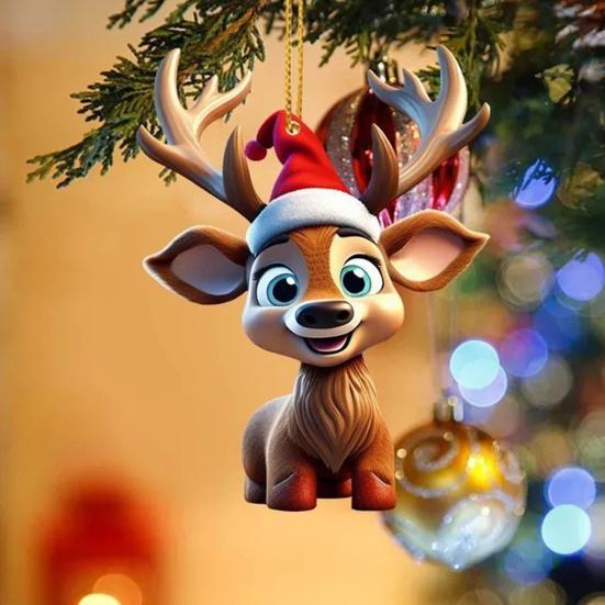 Yousheng 6 Pcs Christmas Reindeer Ornament Cute Cartoon Elk Acrylic Hanging Decoration with Santa Hat 2D Flat Animal Pendant for Car Interior Home