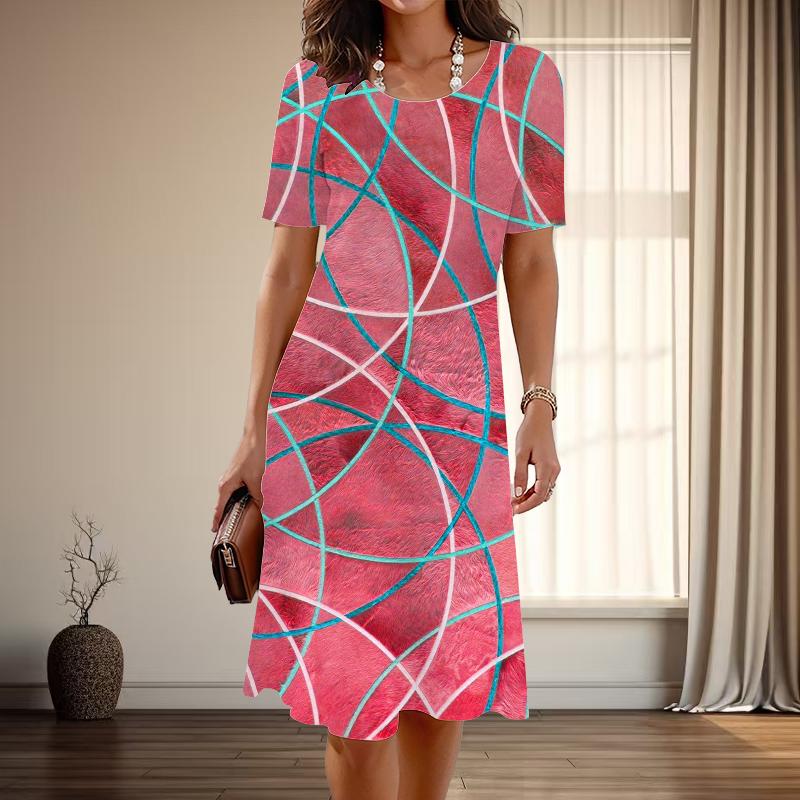 Kadın Modası Zarif Geometrik Figür Baskılı Yaz İlkbahar Kısa Kollu O Yaka Günlük Elbiseler
