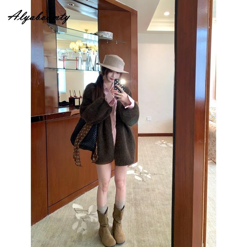 Korean Fashion Autumn Winter Women Thick Sweater Green Beige Brown Grey Knitted Cardigan Lantern Sleeve Casual Loose Oversized Knitting Outerwear