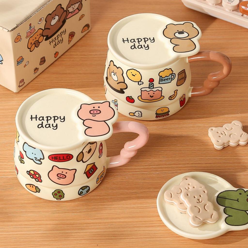 Cartoon Doodle Mug High-looking Animal Mug with Lid for Girls Birthday Gift Couple Water Cup for Girlfriend