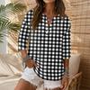 Women Casual V Neck Button Front Plaid Checkered Three Quarter Sleeve Shirt Linen Cotton Blend Top